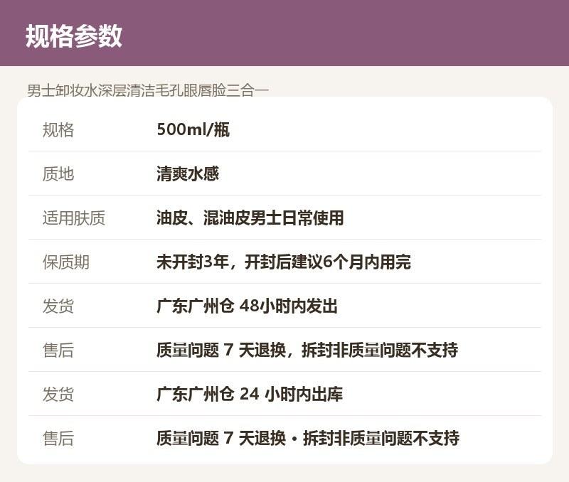 男士卸妆水深层清洁毛孔眼唇脸三合一